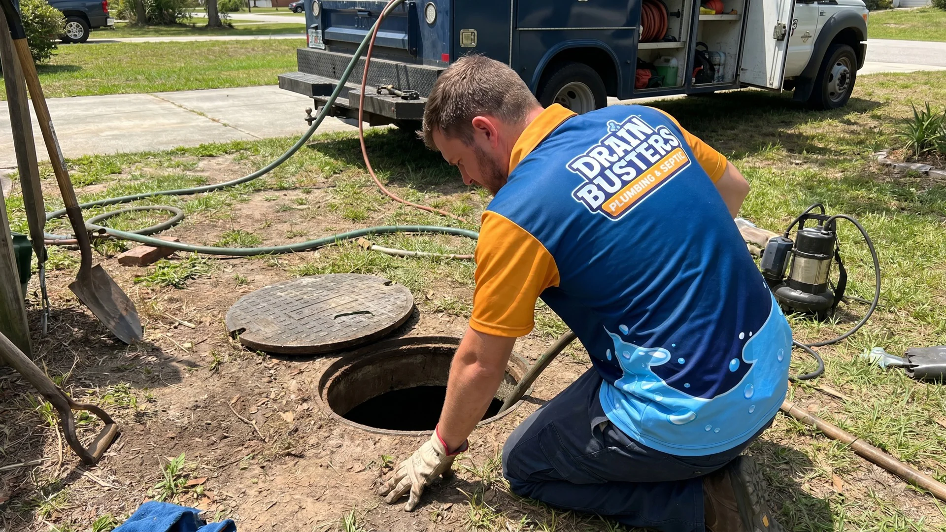 DrainBusters technician working at a drain cleanout.