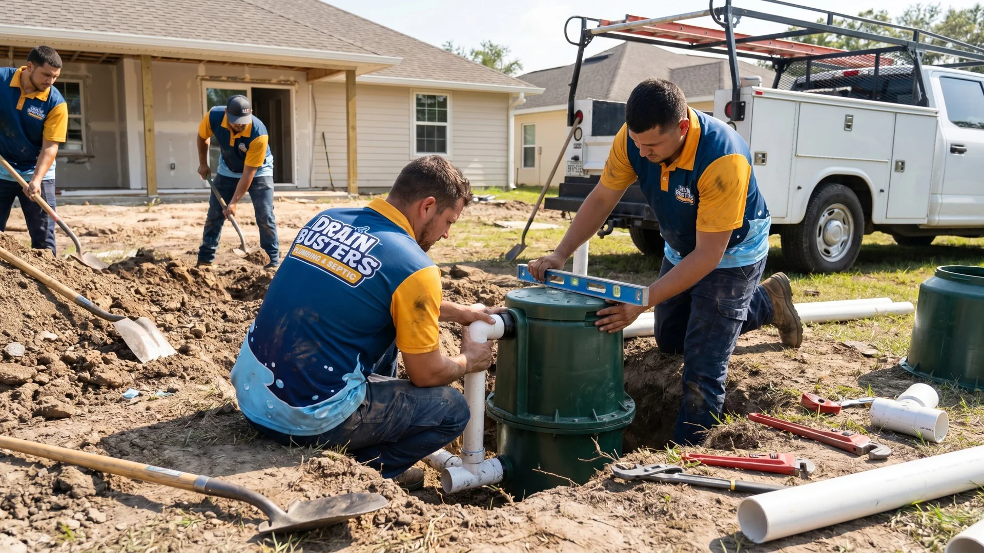 DrainBusters crew installing a grinder pump basin and sewer piping.