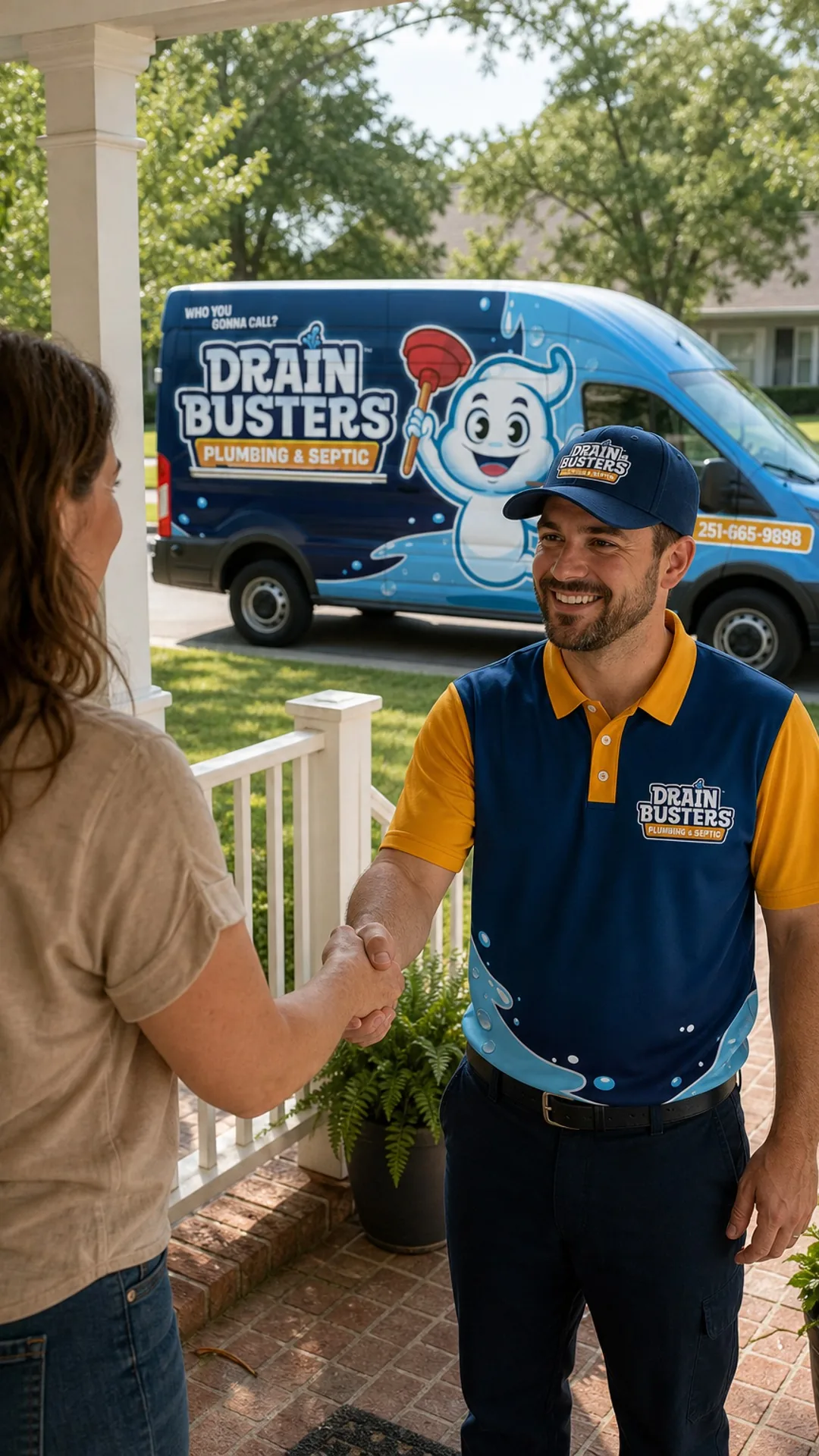 DrainBusters technician ready for plumbing, drain, septic, and water heater service.