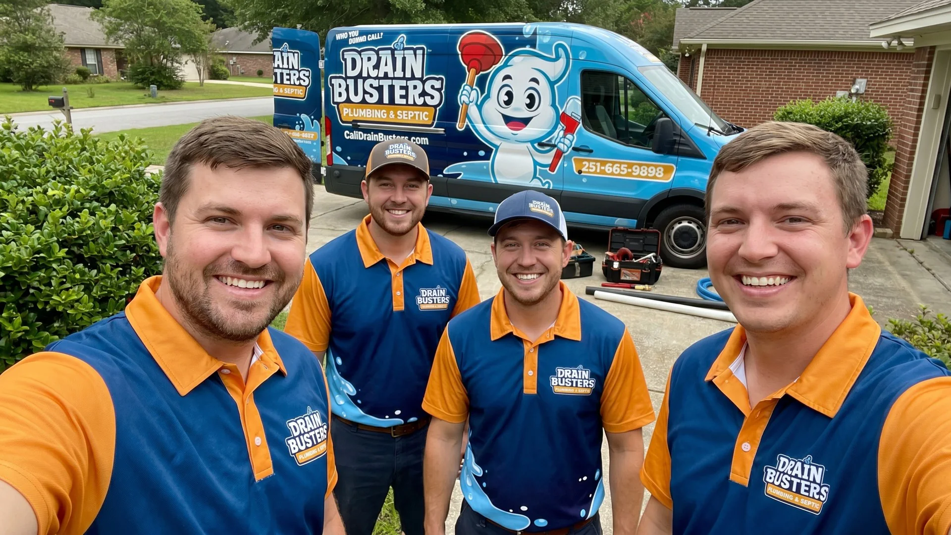 DrainBusters service crew ready for urgent plumbing calls in Mobile County.