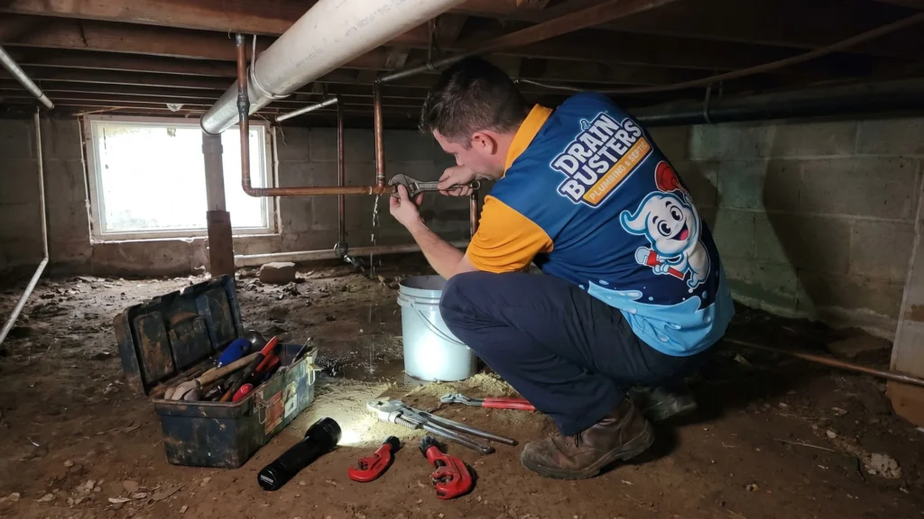 DrainBusters technician inspecting crawlspace plumbing that can be vulnerable during cold weather.