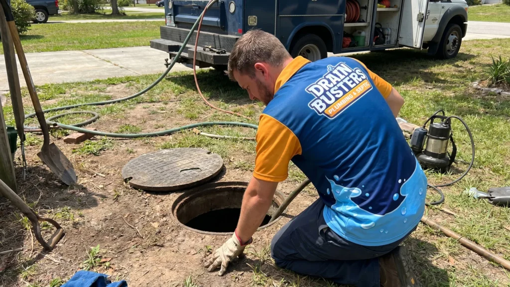 DrainBusters technician checking an outdoor drain cleanout before heavy rain season.