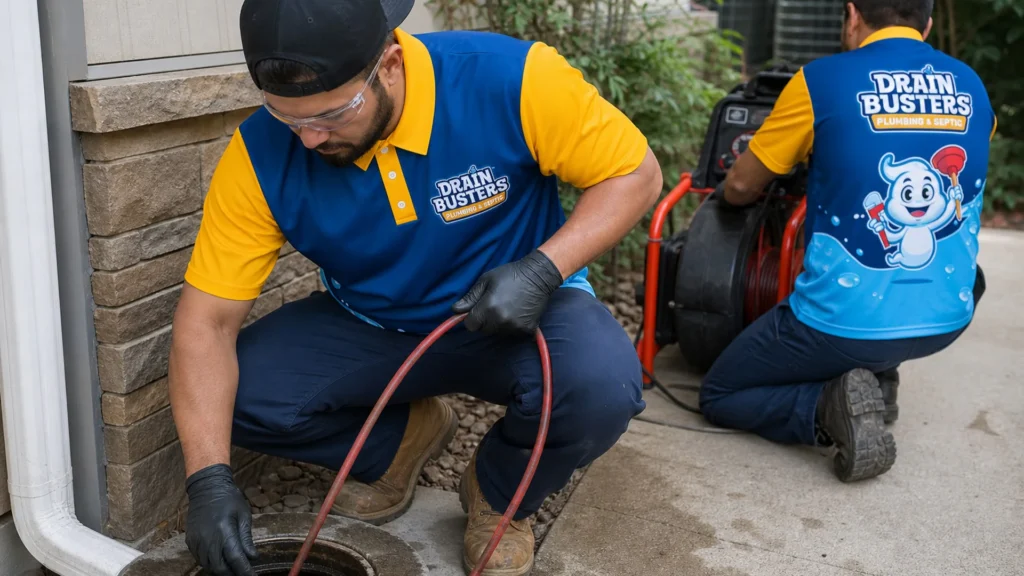DrainBusters crew working on a main drain line for slow drains and sewer symptoms.
