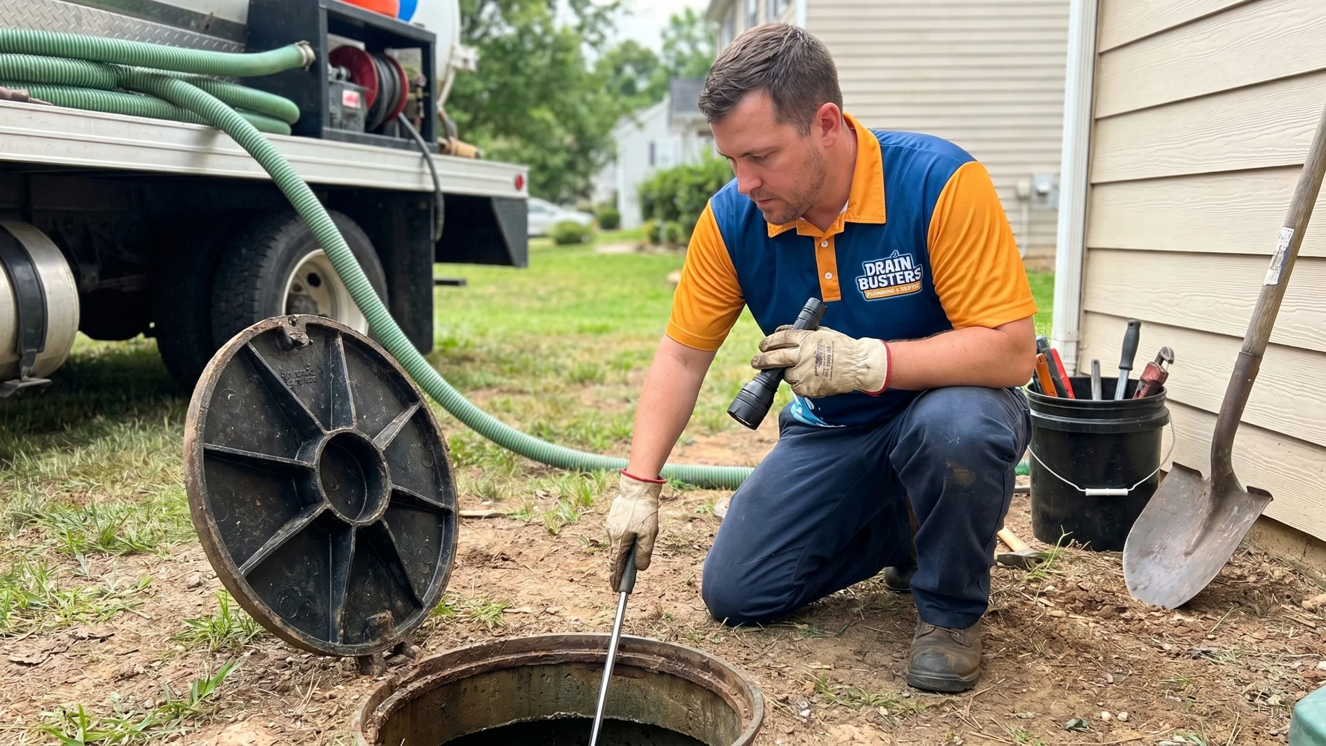 DrainBusters technician inspecting septic access at a local property.