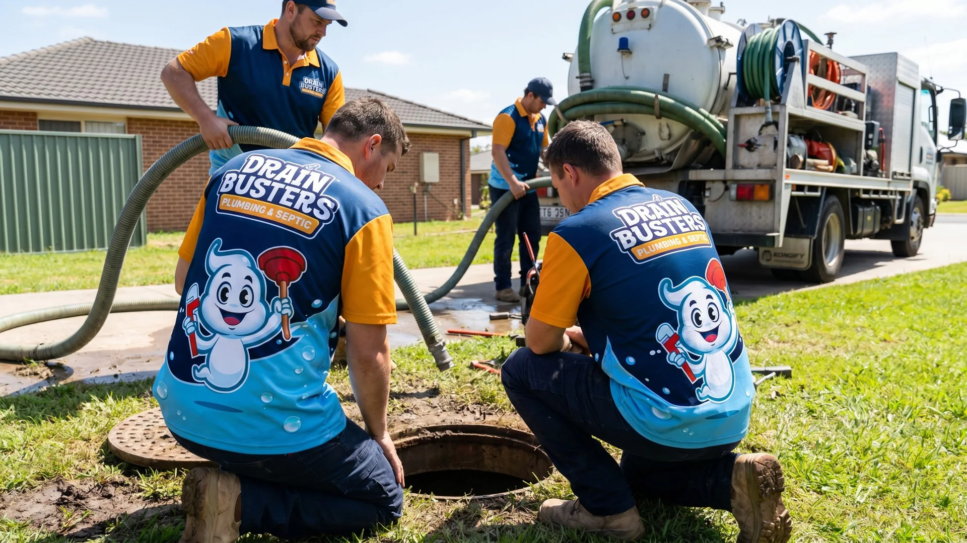 DrainBusters septic tank pumping service with a vacuum truck at a local property.