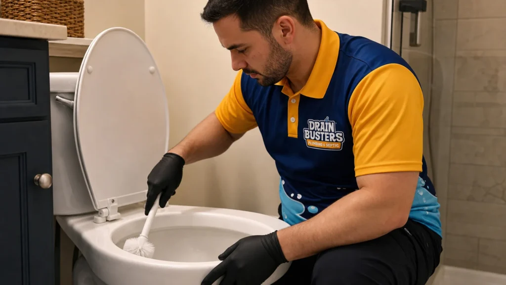 DrainBusters technician working beside a toilet while diagnosing bathroom drain trouble.