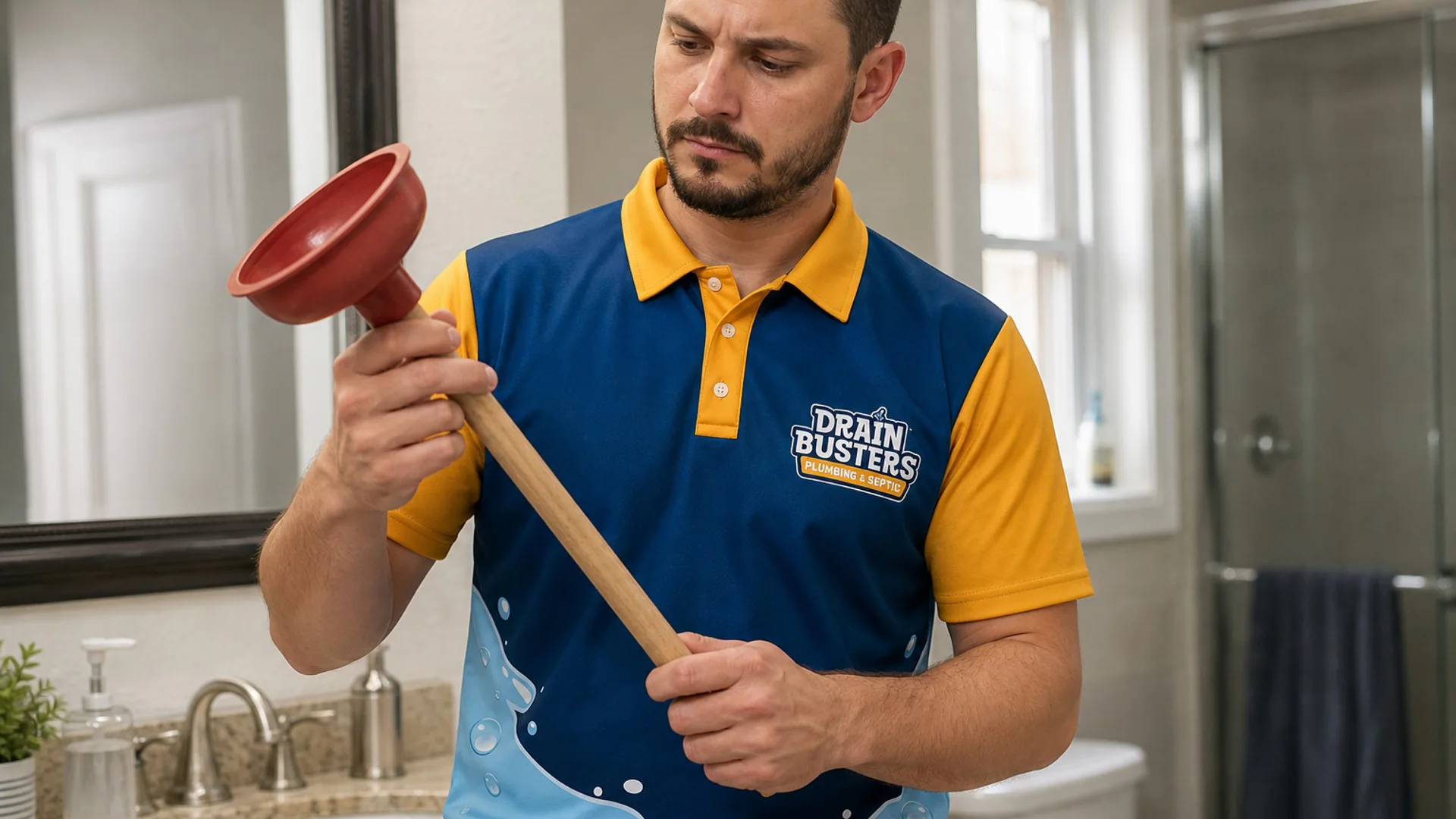 DrainBusters technician holding a plunger for toilet and drain clog service.
