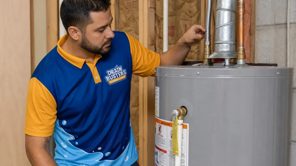 DrainBusters technician checking plumbing and water heater equipment for smart plumbing guidance.