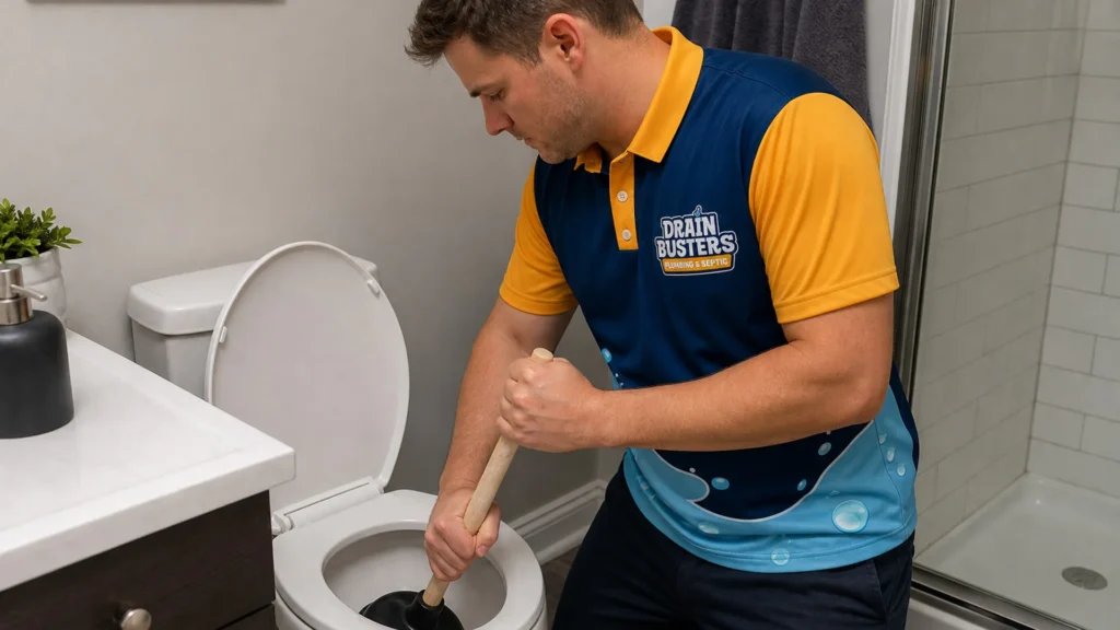 DrainBusters technician using a plunger for a clogged toilet service call.