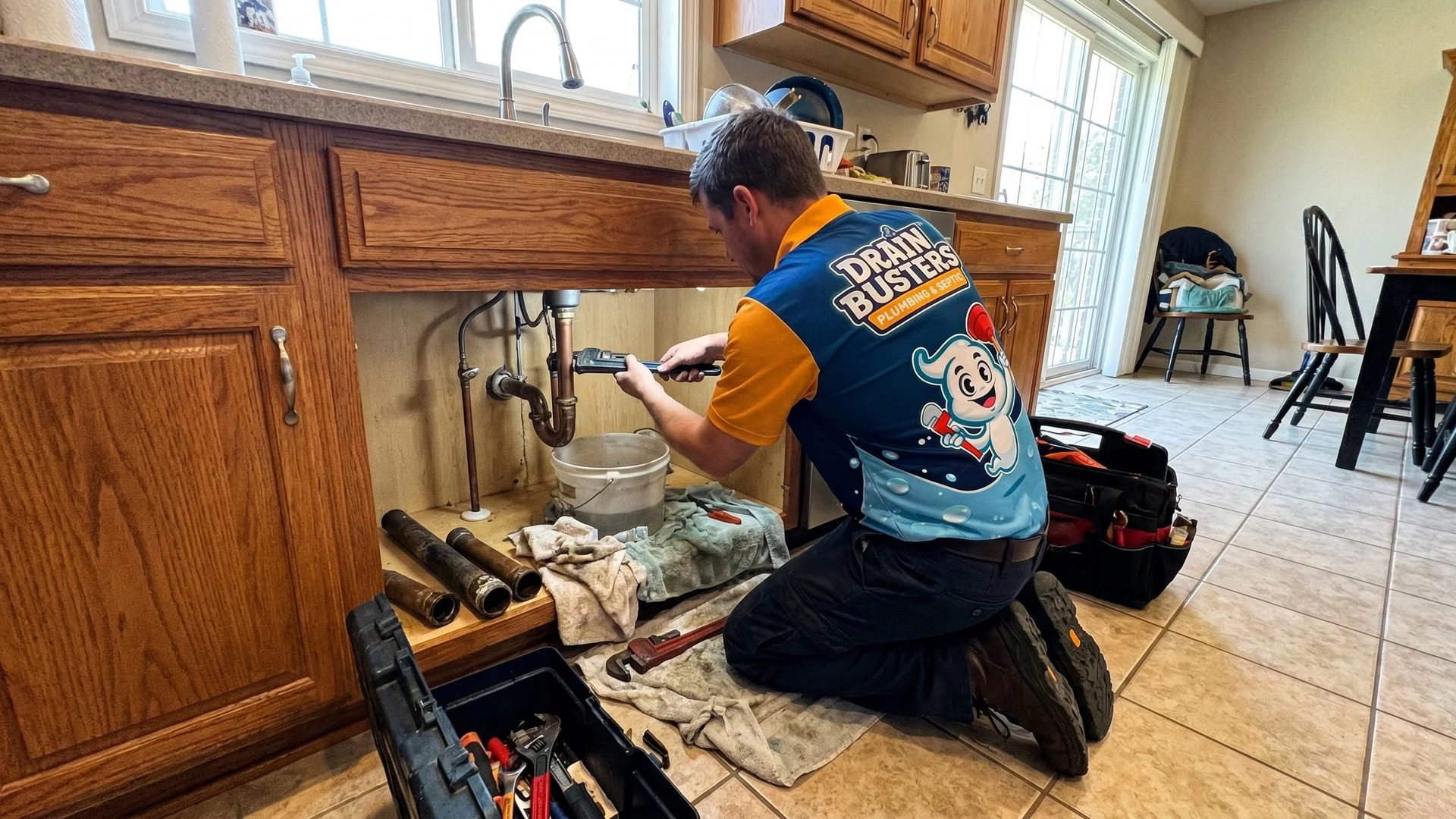 DrainBusters technician working under a sink for stubborn sink clog and leak issues.