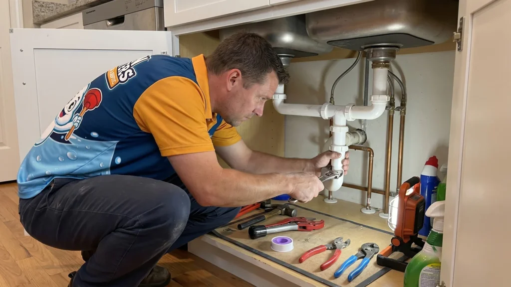 DrainBusters technician repairing under-sink piping for common plumbing problems.