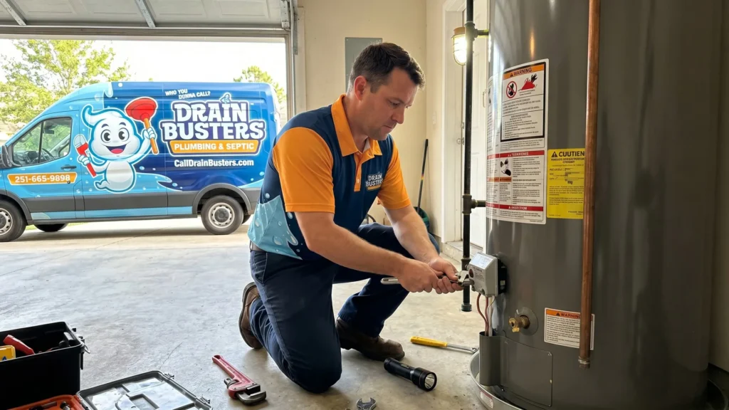 DrainBusters technician servicing water heater equipment beside the service van.