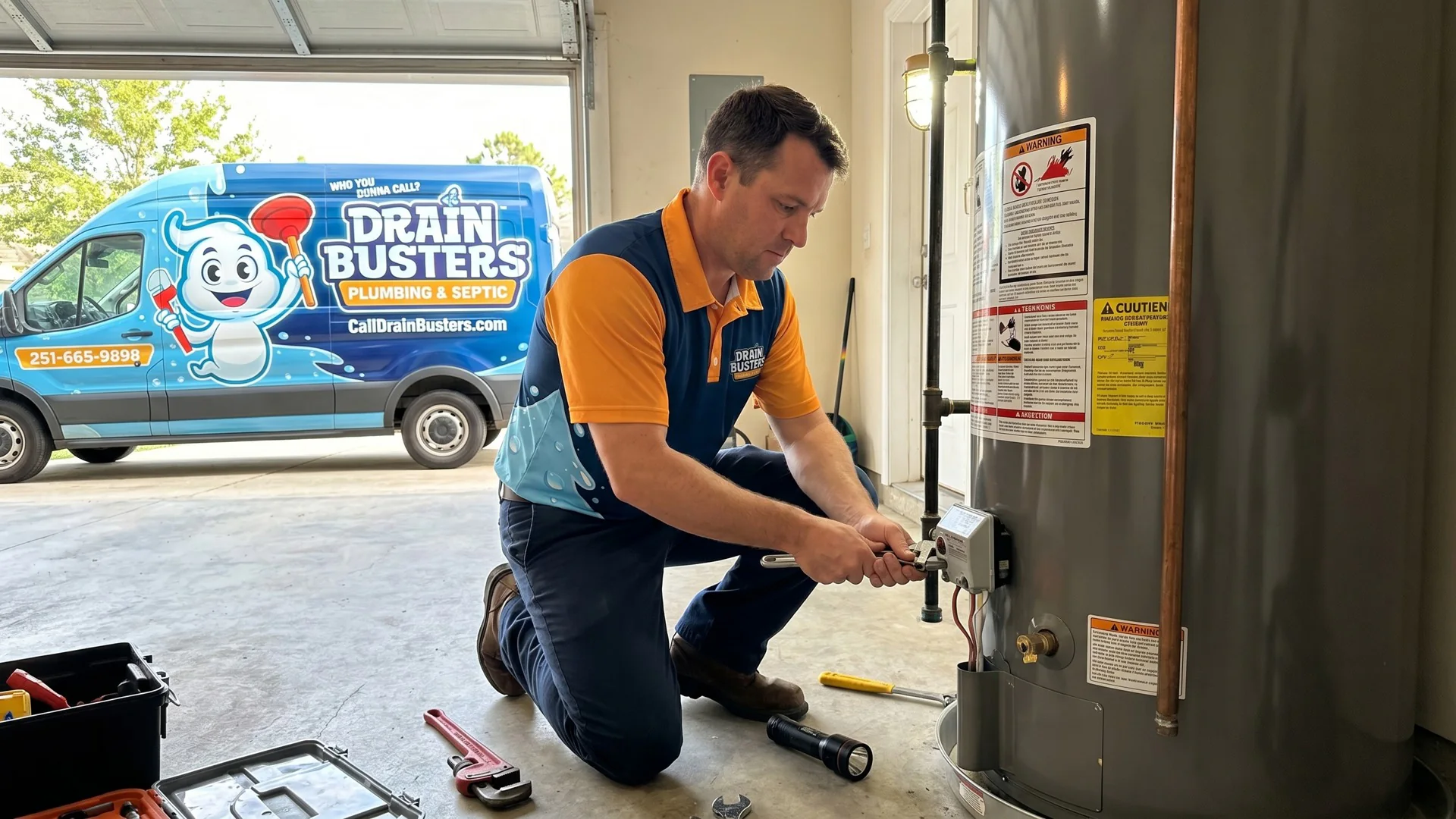 DrainBusters technician servicing water heater equipment beside the service van.